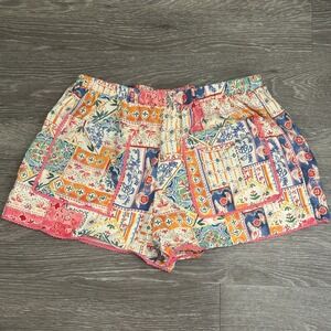 Aureum Patchwork Floral Print Shorts Pink Ric Rac Trim High‎ Waist Resort Medium